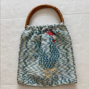PORTUGUESE Handcrafted Rooster Mix of Blues & Red Beach Bag with Wooden Handle